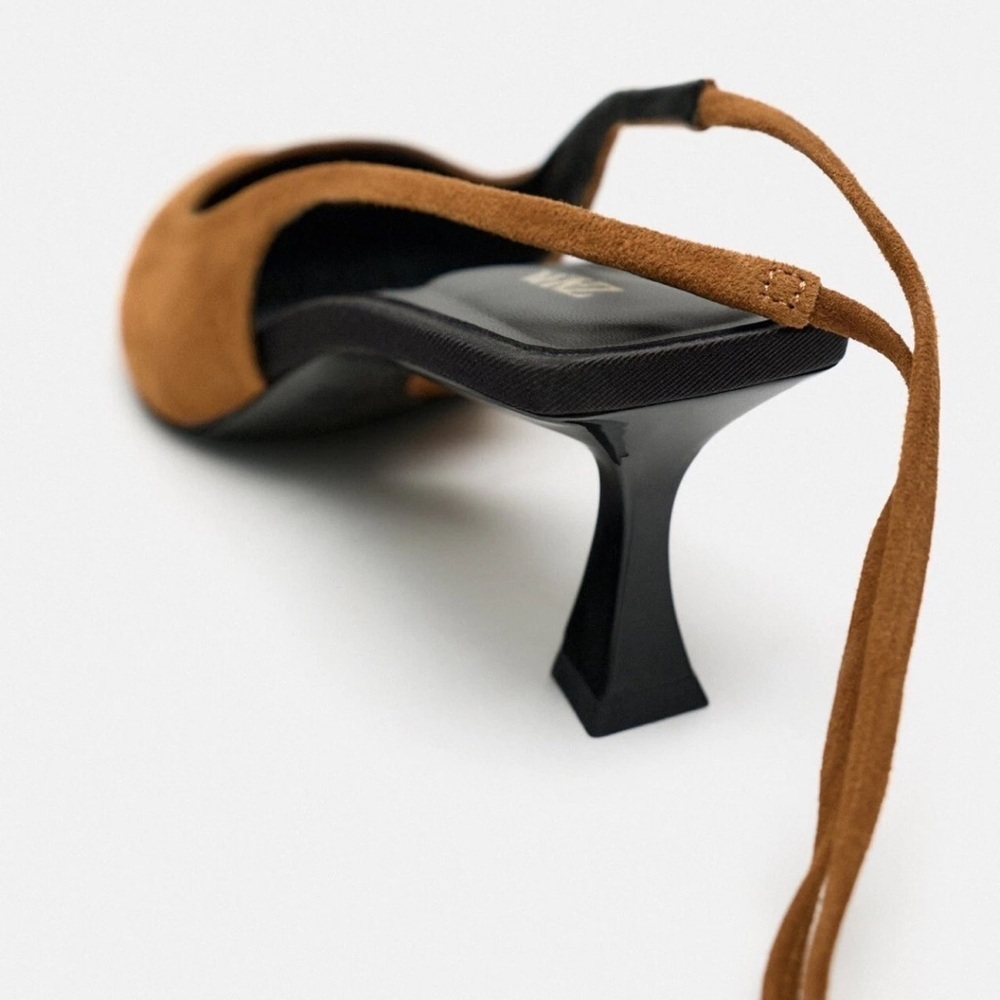 Zara Tan Pointed-Toe Ankle-Tie Slingback Heels - Picture 4 of 5